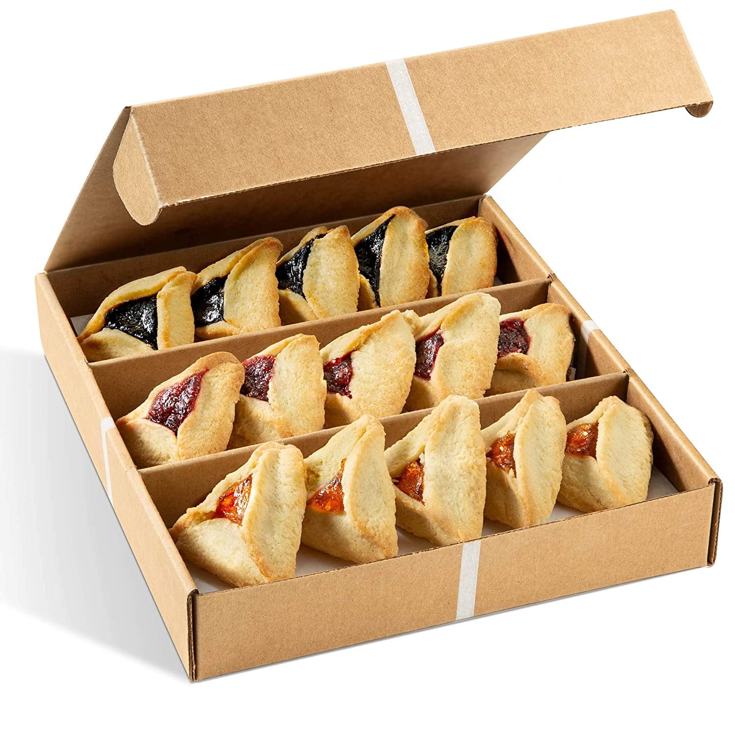 Hamentashen Cookies | Purim Cookies | Shortbread Cookies Gift Basket | 12 Individually Wrapped Hamentaschen 3 Flavors Raspberry, Apricot & Prune | Mishloach Manot Kosher | Nut Free | Stern’s Bakery
