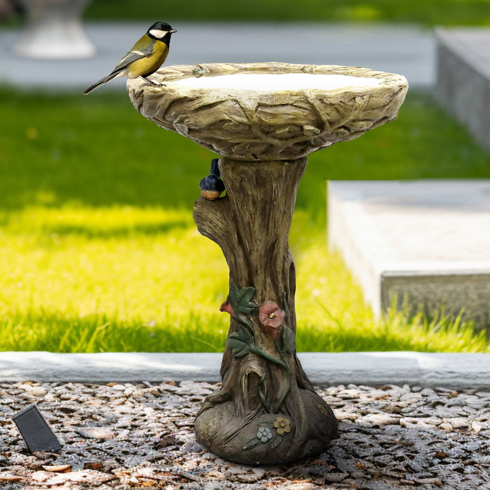 Hamiedun 25.5” H Concrete Birdbaths for Outdoors -Large Woodland Tree Trunk Yard Statue Decoration，Vintage Birdbath with Bird Figurines Yard Statue for Garden, Patio, Lawn, Backyard
