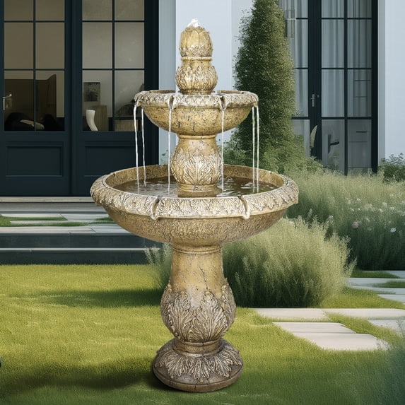 Hamiedun 47.2" H Italian Outdoor Floor Standing Fountain and Waterfalls 2-Tier Water Fountains with Budding Lotus Top for Outdoor Garden, Backyard, Porch, Deck, Lawn, Patio