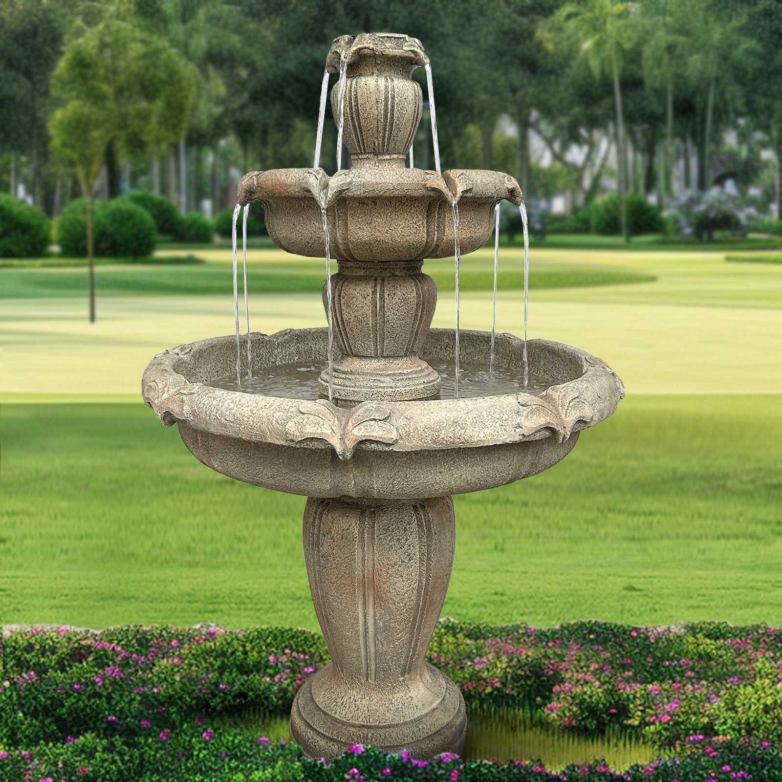 Hamiedun 48” H Outdoor Floor Water Fountain, 3-Tiers Concrete Water Fountain with Submersible Electric Pump - Garden Cascading Waterfall for Yard Patio Lawn Home Decor