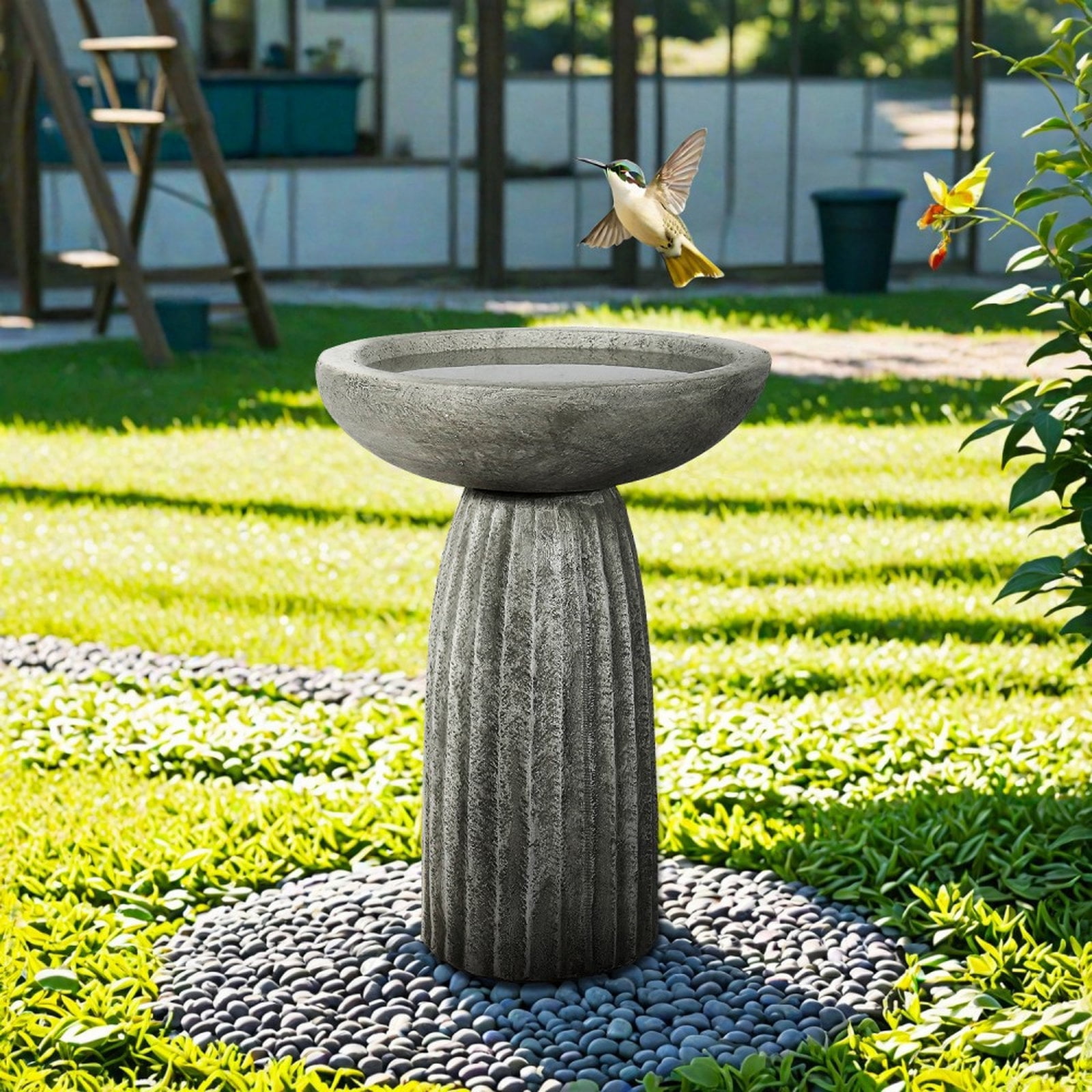 Hamiedun Modern Garden Birdbath 24.4" H Fibre Reinforced Concrete Outdoor Bird Bath with Stable Pedestal Base Decorative Yard Lawn Patio Bird Water Bowl Weather Resistant Gray Finish