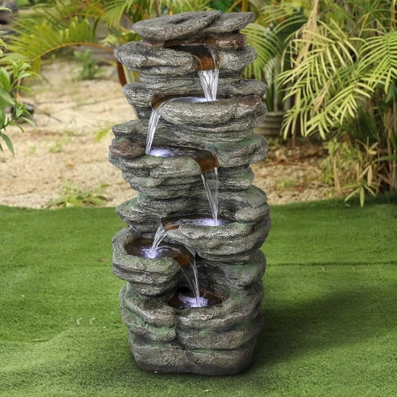 Hamiedun Outdoor Water Fountain with LED Lights, 6-Tiered Electric Resin Waterfall for Garden Patio Lawn Yard and Porch