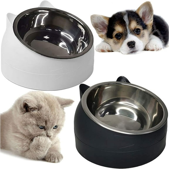 Hamiledyi 2PCS Raised Cat Bowl Tilted 15 Slanted Elevated Bulldog Feeder Non-Spill Dog Kitten Food Dish Anti-Slip Detachable Pet Stainless Steel Slope Base for Small Pets