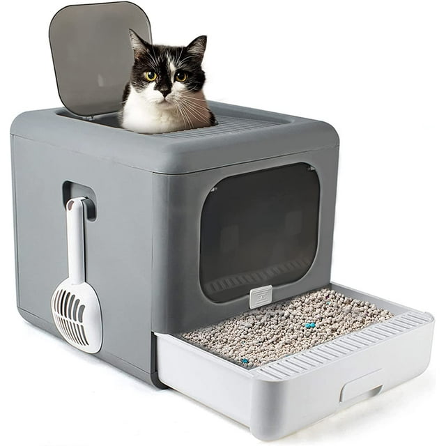 Hamiledyi Foldable Cat Litter Box with Lid, Enclosed Drawer Kitty