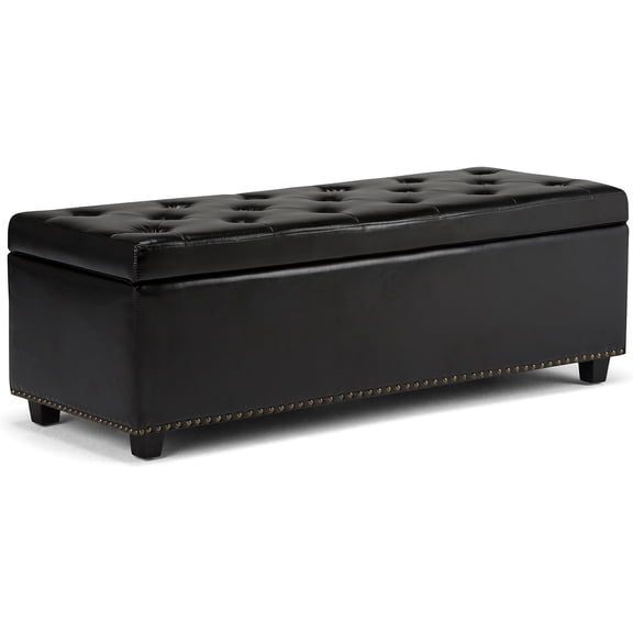 Hamilton 48 inch Wide Transitional Rectangle Storage Ottoman in Midnight Black Vegan Faux Leather, Assembled, For the Living Room, Entryway and Family Room