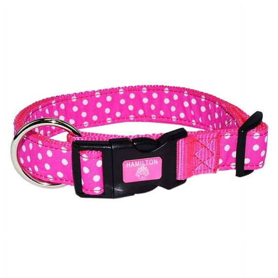 Hamilton 5/8" Adjustable Dog Collar fits 12"- 18", Small, Ribbon Overlay Rhodamine/Hot Pink Polka Dots Pattern