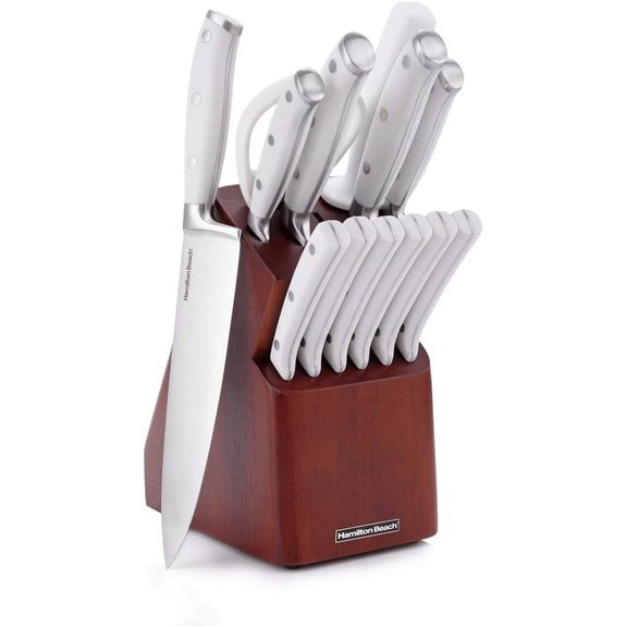 Hamilton Beach 14-Piece Kitchen Knife Cutlery Set with Wood Block, Modern White Handles, Sharp Stainless Steel, Chef's, Santoku, Carving, Utility, Paring, Steak Knives, and Scissors