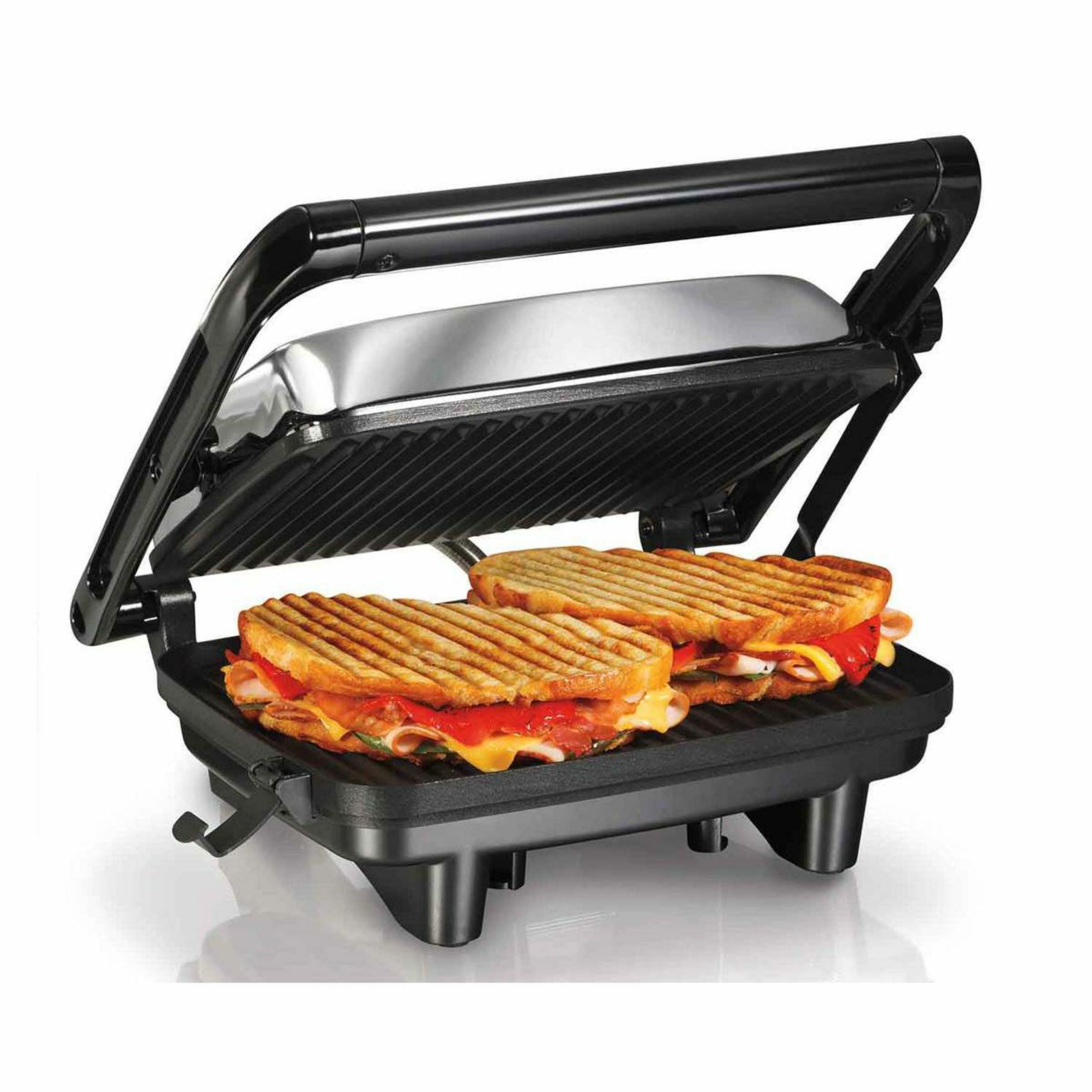 Hamilton Beach Panini Press Sandwich Maker & Electric Indoor Grill with Locking Lid, Opens 180 Degrees for Any Thickness for Quesadillas, Burgers 