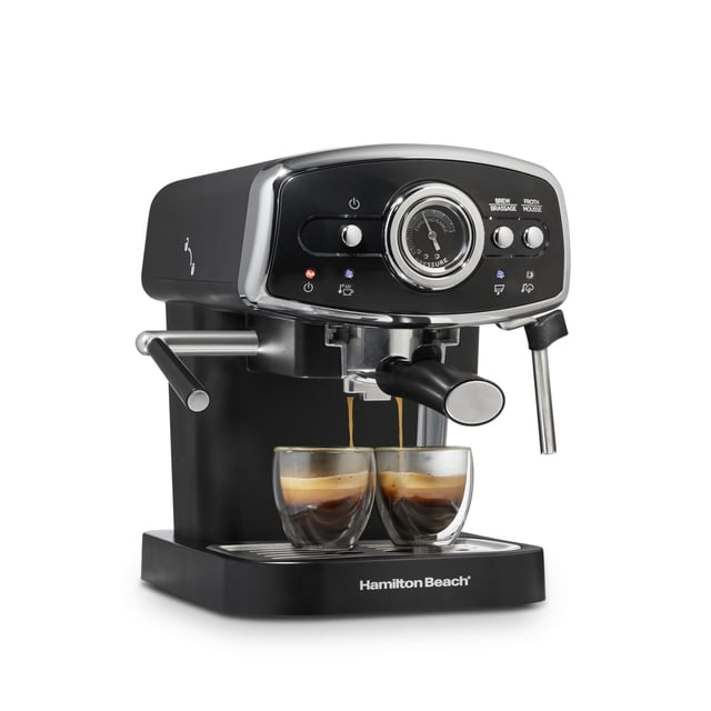 Hamilton Beach 15-Bar, 2 Cup Espresso Machine, Slide & Lock Espresso Maker with Milk Frother, Black & Chrome