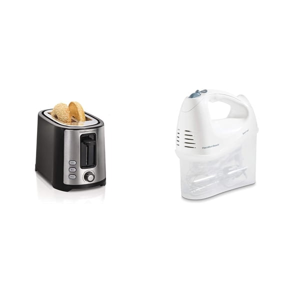 Hamilton Beach 2 Slice Extra Wide Slot Toaster with Bagel & Defrost Settings, Shade Selector (22633) and Hamilton Beach 6-Speed Electric Hand Mixer with Whisk, Traditional Beaters (White)