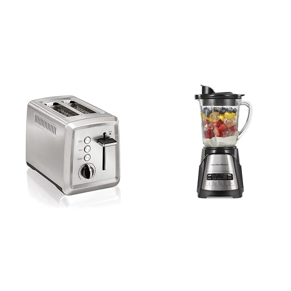 Hamilton Beach 2 Slice Toaster with Extra-Wide Slots, Bagel Setting, Toast Boost & Power Elite Wave Action Blender-40 Oz Glass Jar, 12 Functions, Black (58148A)