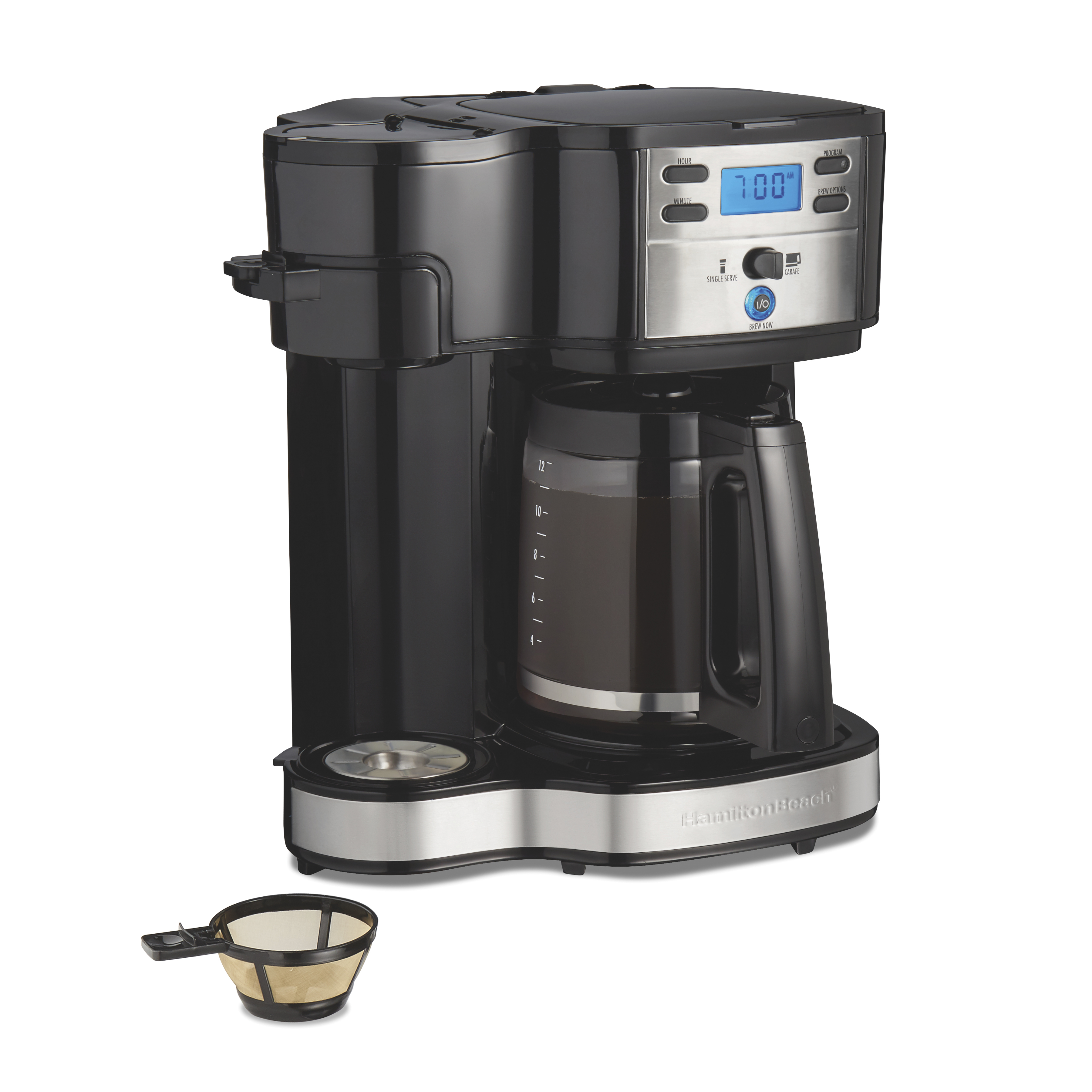 Hamilton Beach 2-Way Programmable Coffee Maker, Single-Serve and 12-Cup Pot, Glass Carafe, Stainless Steel, New, 47650 - image 1 of 9