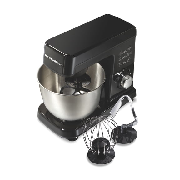 Hamilton Beach 3.5 Quart Stand Mixer for Kitchen, 6 Speeds, Tilt-Head, Dough Hook, Whisk & Flat Beater, Black