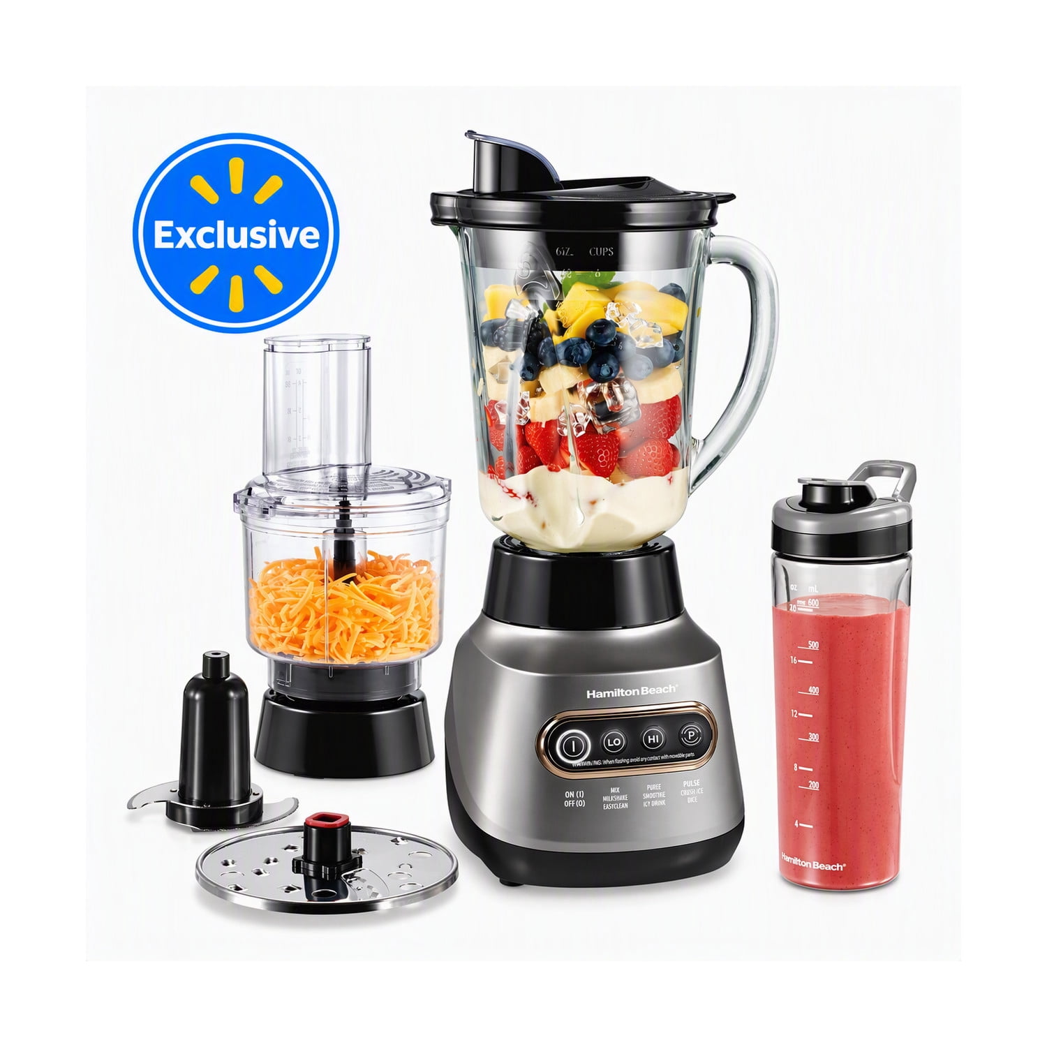 Hamilton Beach 3-in-1 Electronic Kitchen System, Smoothie Blender with 48 oz. Glass Jar, Food Processor Attachment and 20 oz. Travel Jar