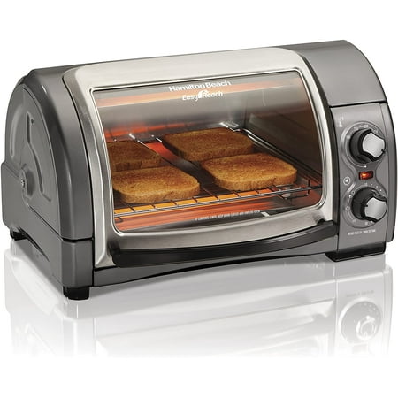 Hamilton Beach Easy Reach 4-Slice Countertop Toaster Oven With Roll-Top Door, 1200 Watts, Fits 9” Pizza, 3 Cooking Functions for Bake, Broil and Toast, Silver (31344DA)