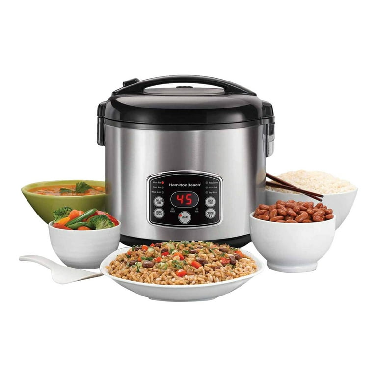 Hamilton Beach Rice Cooker & Food Steamer, Digital Programmable, 8 Cups  Cooked (4 Uncooked), Steam & Rinse Basket, Stainless Steel, 37519 