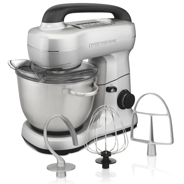 Hamilton Beach 4 Quart Stand Mixer for Kitchen, 7 Speeds, Tilt-Head, Dough Hook, Whisk & Flat Beater, Silver