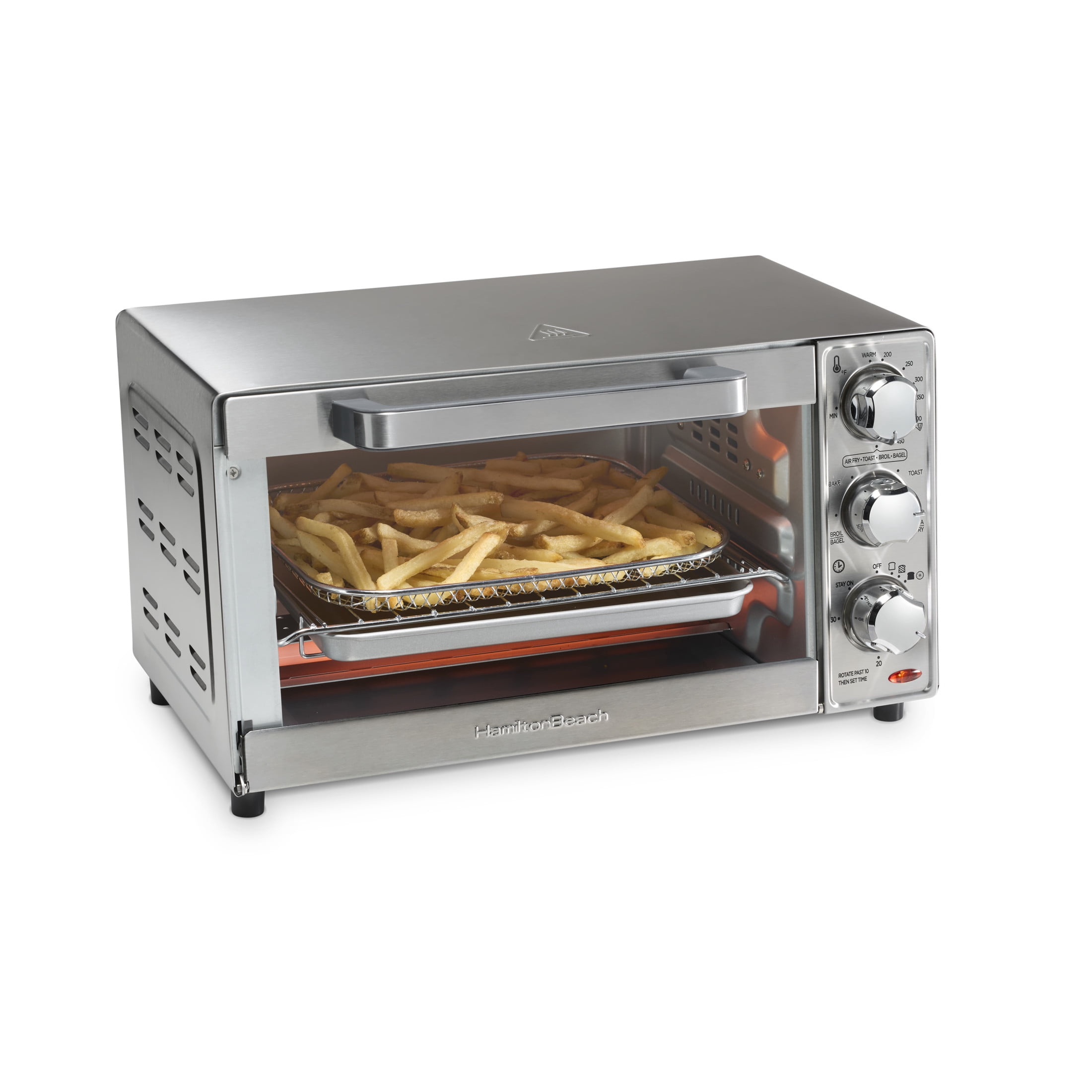 Hamilton Beach 4 Slice Sure-Crisp Air Fry Oven, 6 Cooking Options, Stainless Steel Exterior, Chrome Knobs