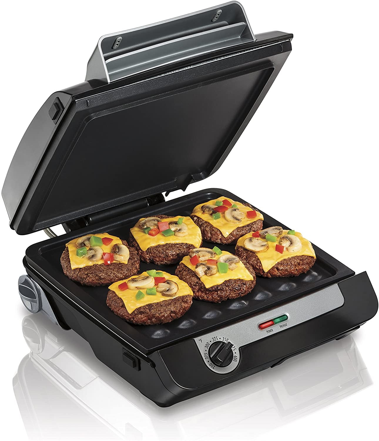 Hamilton Beach 4-in-1 Indoor Grill & Electric Griddle Combo with Bacon  Cooker, Opens Flat to Double Cooking Surface, Removable Nonstick Plates,  Black & Silver (25601) 