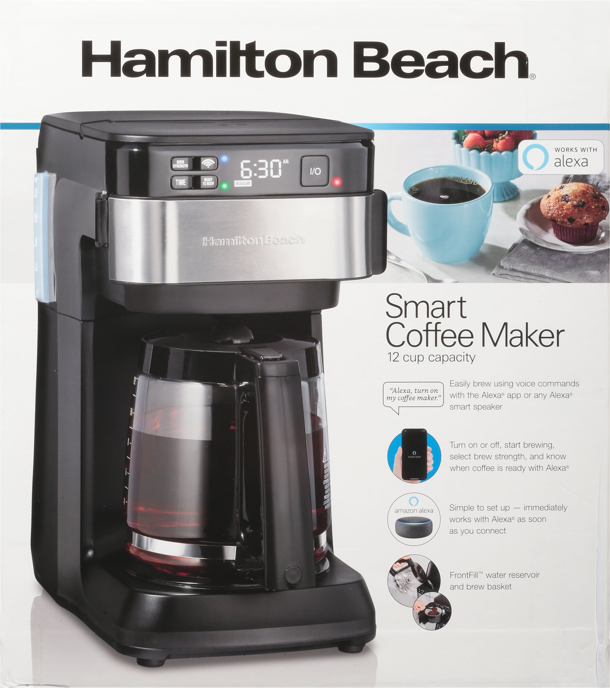 Hamilton Beach Compatible con cafetera inteligente Alexa, programable,  capacidad de 12 tazas, negro y acero inoxidable (49350) y filtro permanente