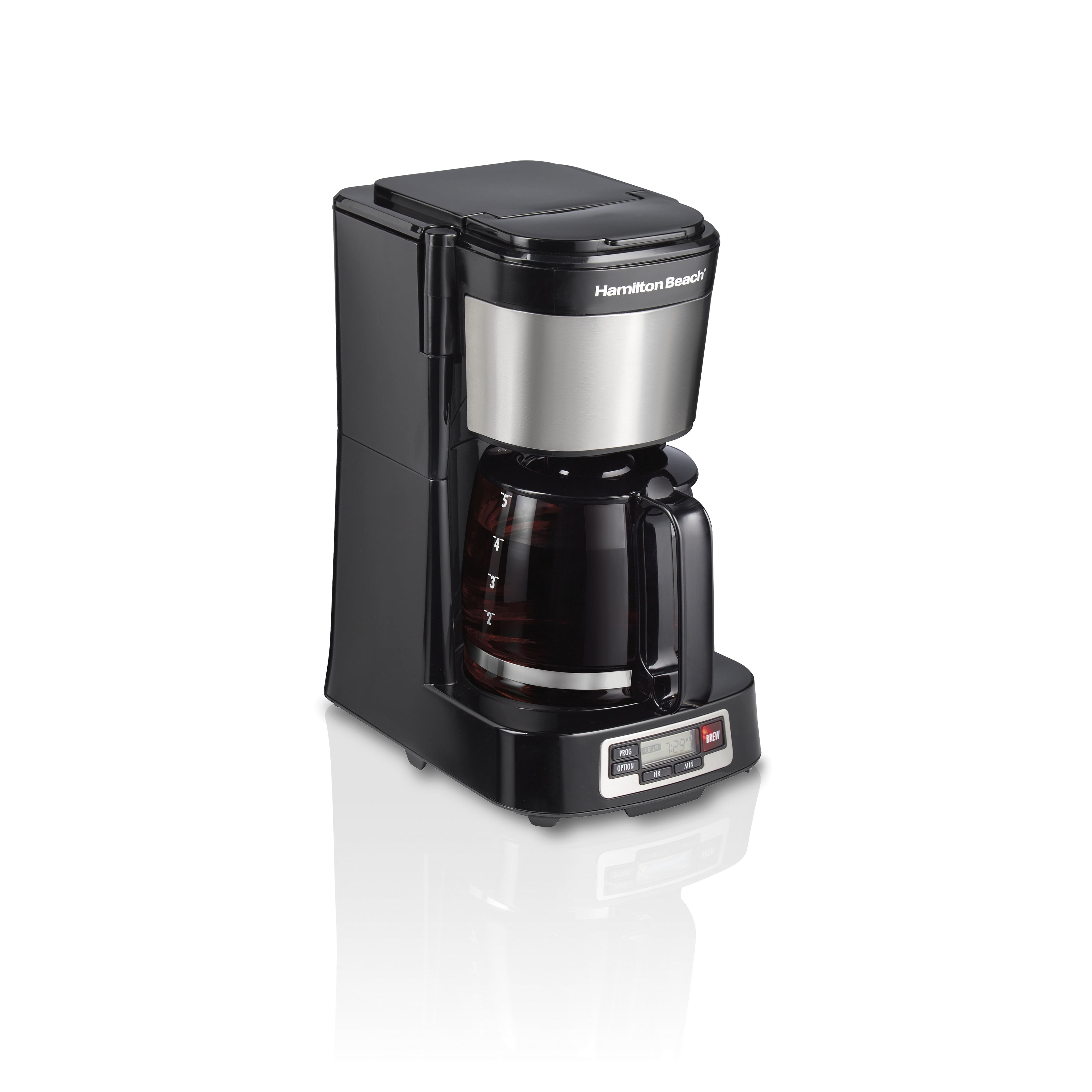 Hamilton Beach 5-Cup Black Compact Coffee Maker with Programmable Clock & Glass Carafe 46111