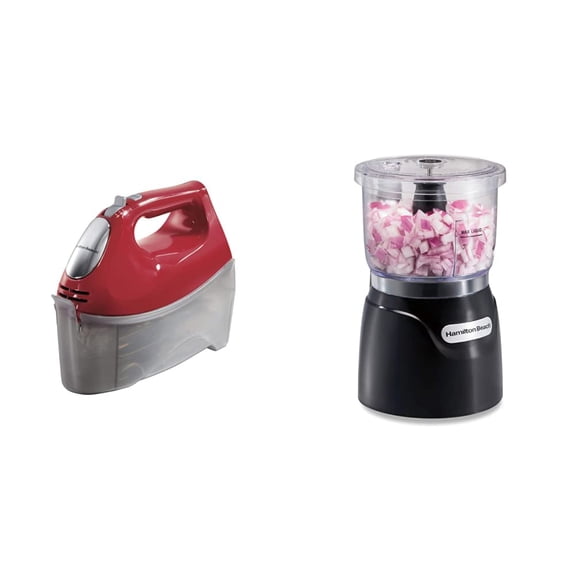 Hamilton Beach 6-Speed Electric Hand Mixer, Red & Electric Vegetable Chopper & Mini Food Processor, 3-Cup, 350 Watts, for Dicing, Mincing, and Puree, Black (72850)