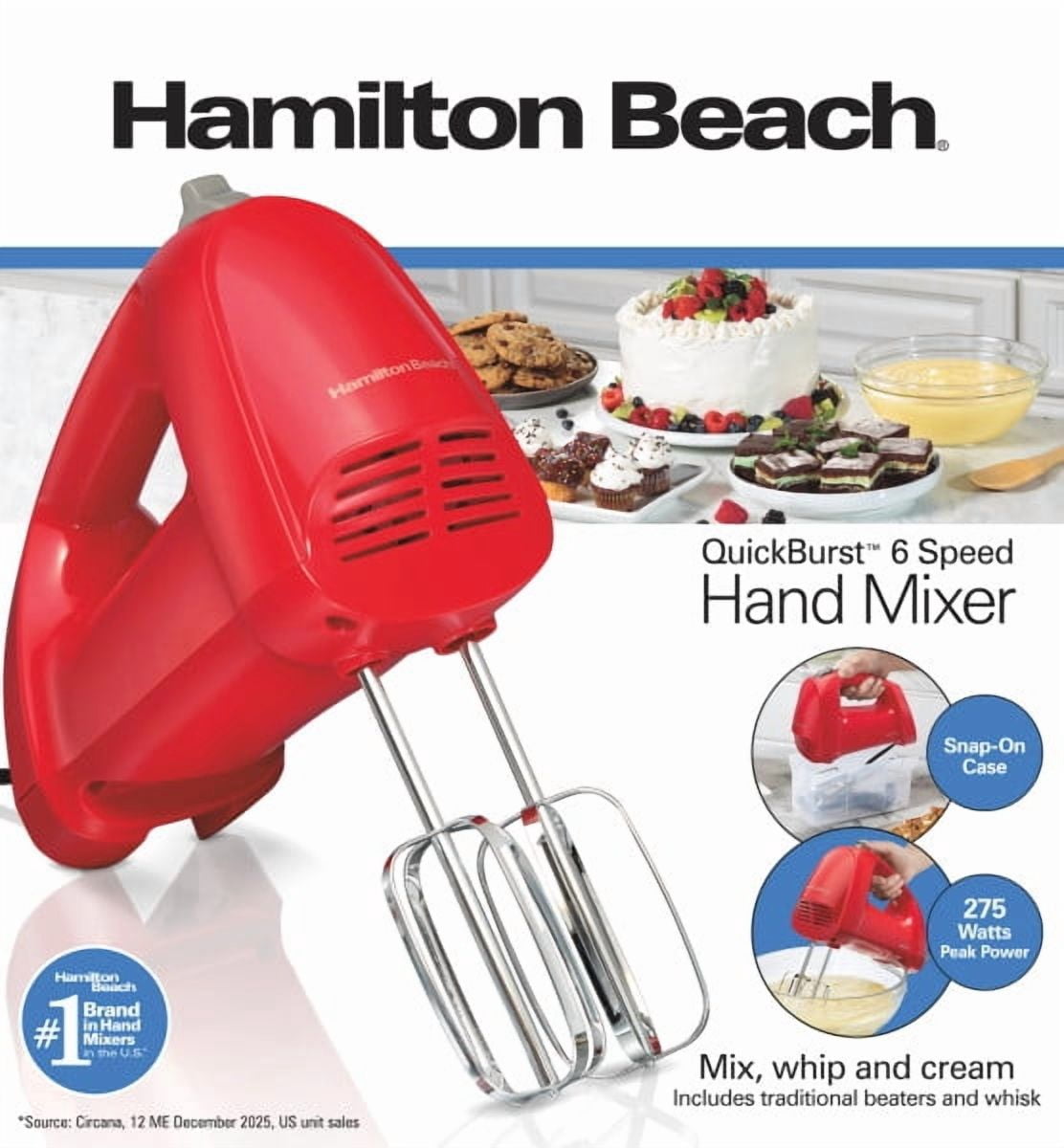 Hamilton Beach 6 Speed Hand Mixer with QuickBurst, Includes Snap-On Storage Case and 3 Attachments, Red