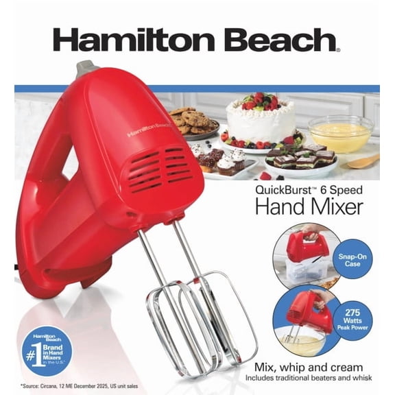 Hamilton Beach 6 Speed Hand Mixer with QuickBurst, Includes Snap-On Storage Case and 3 Attachments, Red
