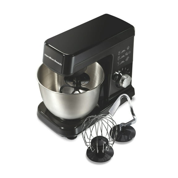 Hamilton Beach 3.5 Quart Stand Mixer for Kitchen, 6 Speeds, Tilt-Head, Dough Hook, Whisk & Flat Beater, Black