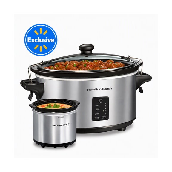 Hamilton Beach 7 Qt Programmable Slow Cooker, Stoneware Crock with Removable Pot, Includes Party Dipper Food Warmer, Stainless Steel