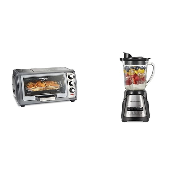 Hamilton Beach Air Fryer Countertop Toaster Oven, Stainless Steel & Power Elite Wave Action Blender, Stainless Steel Ice Sabre-Blades, Black (58148A)
