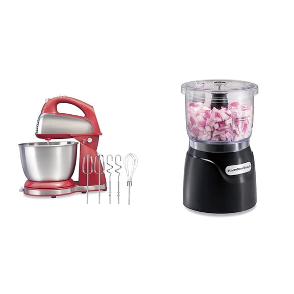 Hamilton Beach Classic Stand and Hand Mixer, 4 Quarts, 6 Speeds with QuickBurst, Bowl Rest, 290 Watts Peak Power, Red (64654) & Electric Vegetable Chopper & Mini Food Processor, 3-Cup, 350 Watts