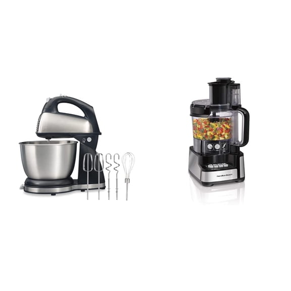 Hamilton Beach Classic Stand and Hand Mixer, 4 Quarts, Black and Stainless & Stack & Snap Food Processor and Vegetable Chopper, Stainless Steel Blades, 12 Cup Bowl, Black (70725A)