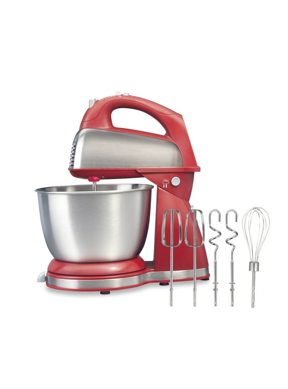 Hamilton Beach Classic Stand and Hand Mixer, 4 Quart Stainless Steel Bowl, 6 Speeds with Quick Burst, Red, 64654