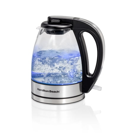 Hamilton Beach Compact Glass Electric Kettle, Tea & Water Kettle, 1L, Stainless Steel & Black Accents