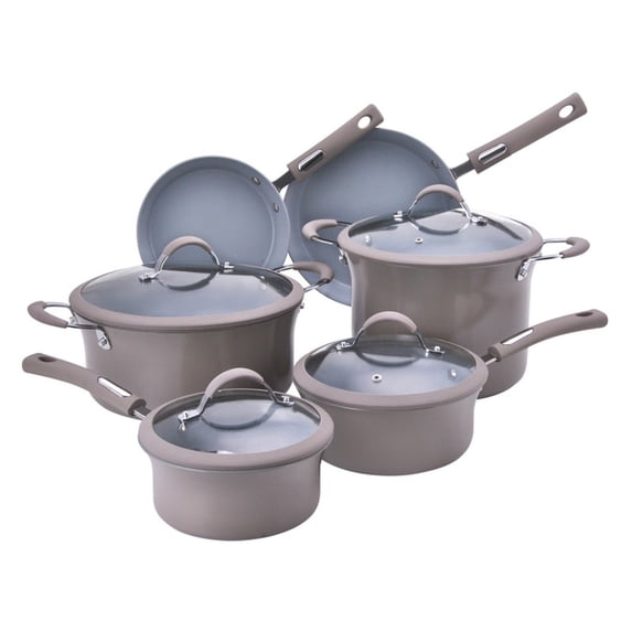 Hamilton Beach Cookware Set, 10-Pieces, Pots, Pans, and Glass Lids, Nonstick PFOA-Free, PTFE-Free Ceramic Interior, Heavy-Duty Aluminum Construction, Modern Matte Gray, Professional Tapered Shape