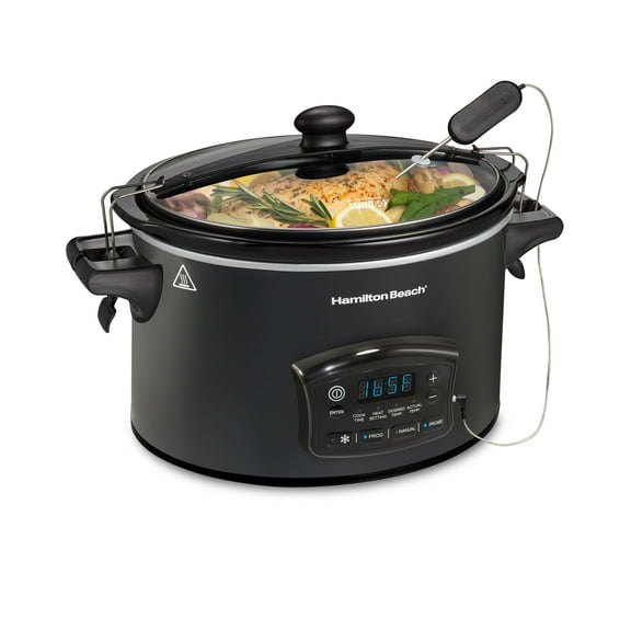 Hamilton Beach Defrost & Go 6 Qt Programmable Slow Cooker, Stoneware Crock with Removable Pot, Black