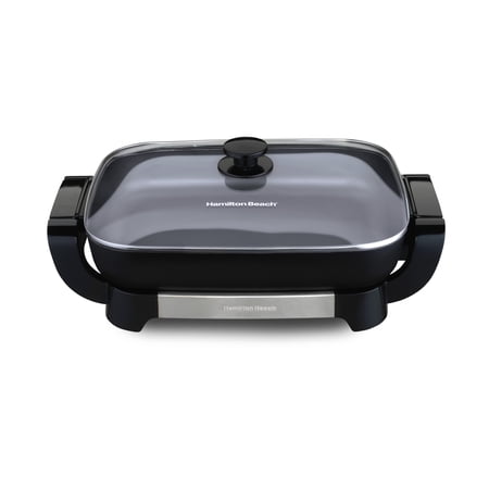 Hamilton Beach Electric Skillet with Lid, 12" x 15" Ceramic Cooking Surface, Reversible Pan, Grey