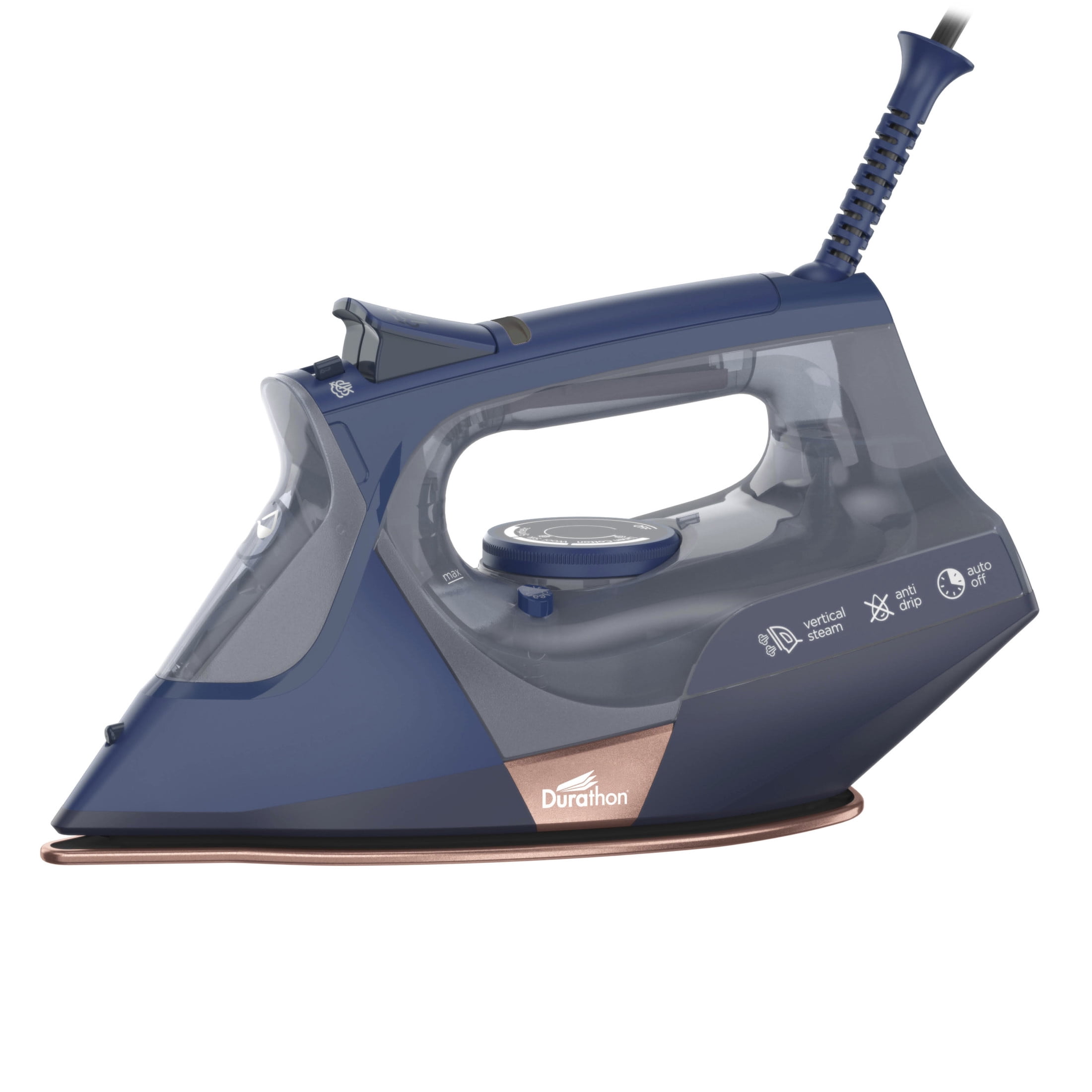 Hamilton Beach Durathon Steam Iron for Clothes with Nonstick Soleplate, Over 400 steam holes, Auto Shut-Off, Anti-Drip, Extra long cord, 1500W, Navy