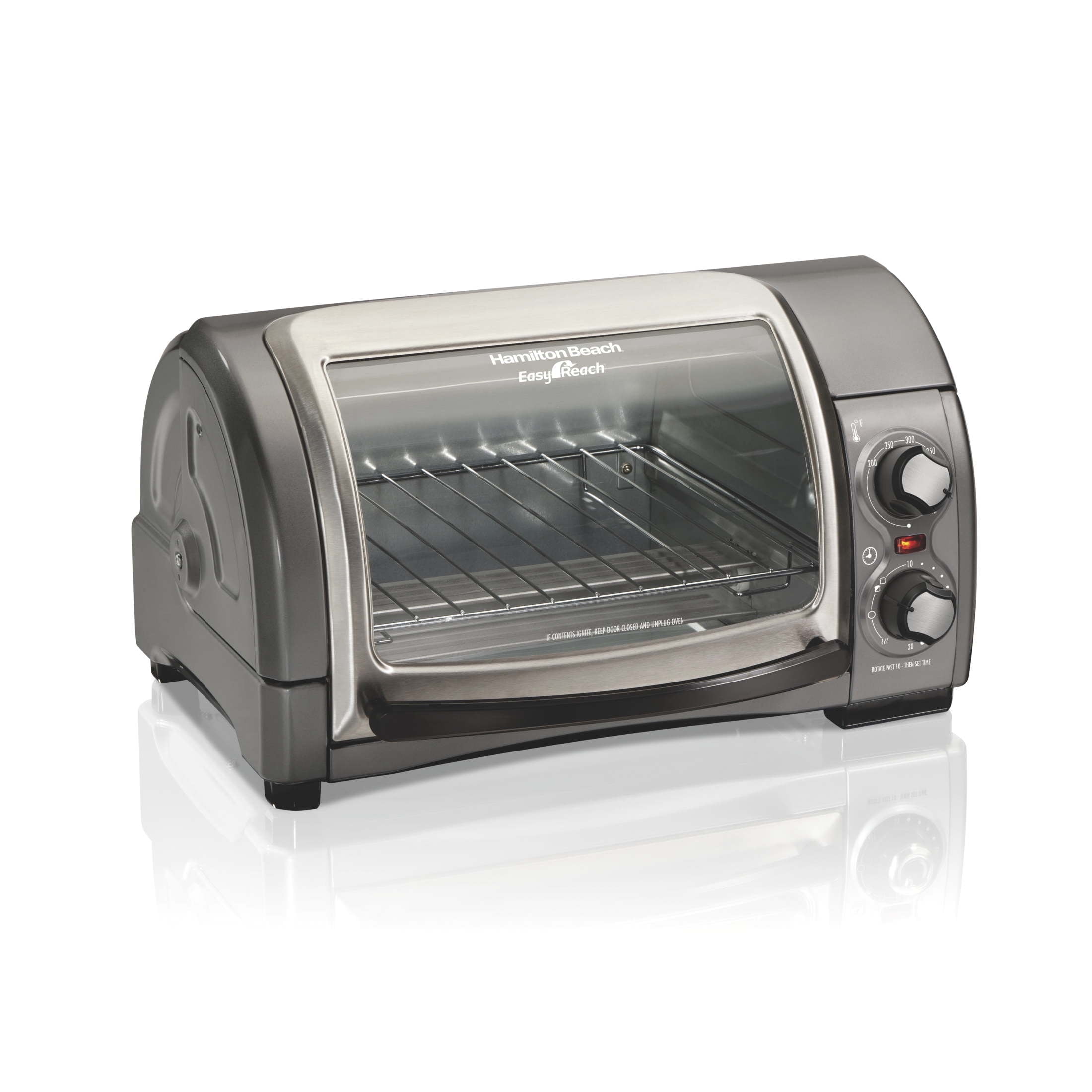 Hamilton Beach 4 Slice Countertop Toaster Oven with Easy Reach Roll-Top Door, Bake, Broil & Toast Functions, Silver