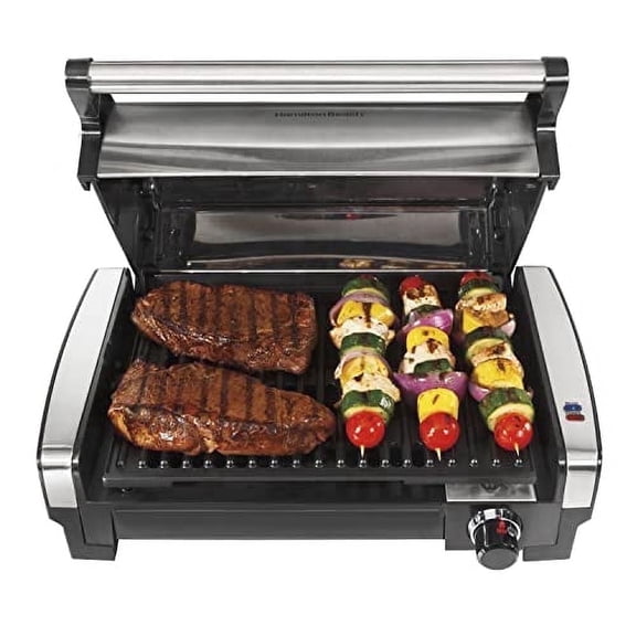 Hamilton Beach Electric Indoor Searing Grill with Adjustable Temperature Control to 450F, Removable Nonstick Grate, 118 sq. in. Surface Serves 6, Stainless Steel