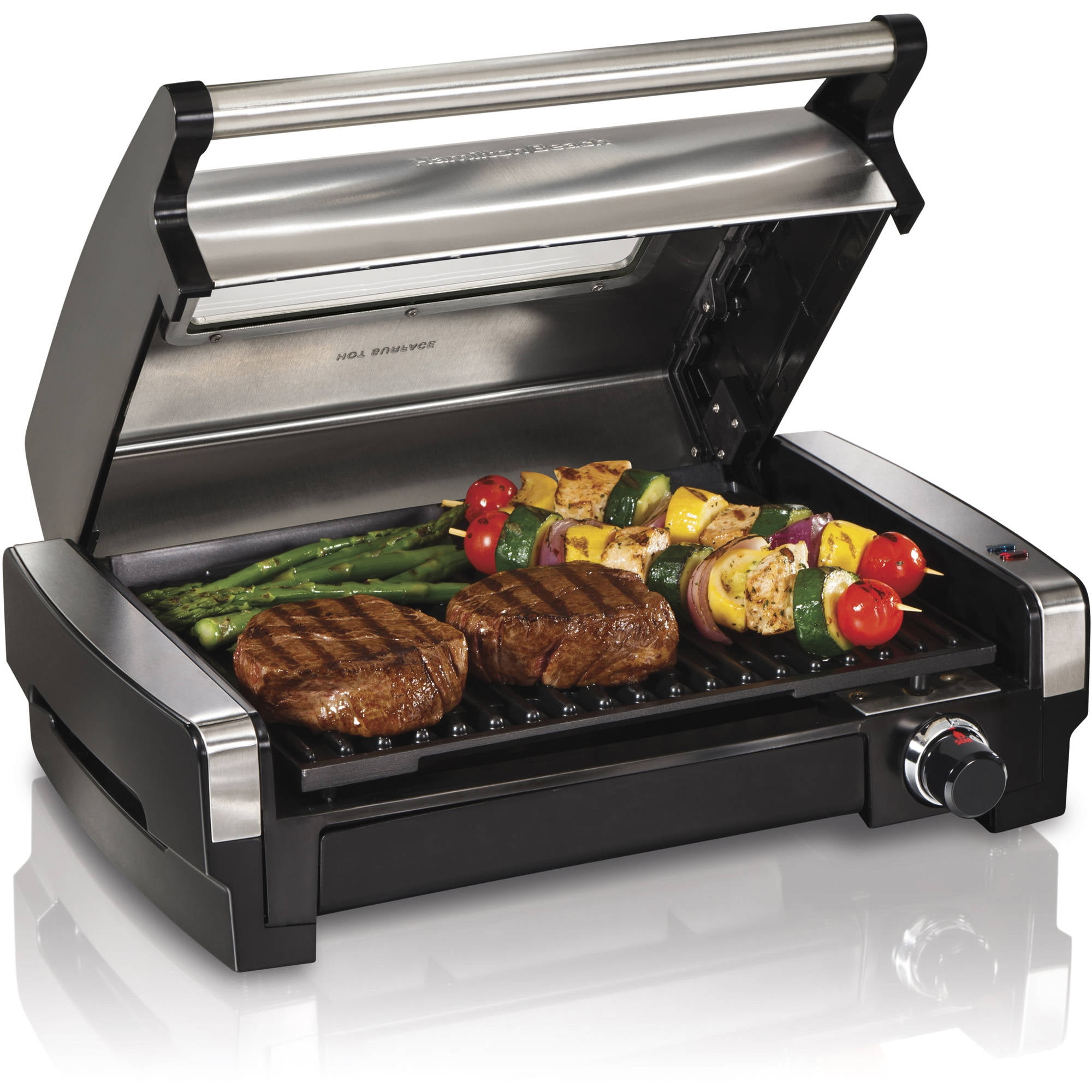 Hamilton Beach Electric Indoor Searing Grill with Viewing Window, Removable Easy to Clean Nonstick Plate, 6-Serving, Extra-Large Drip Tray, Stainless Steel, 25361 - image 1 of 5