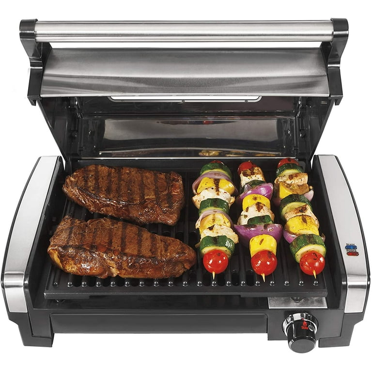 Hamilton Beach Electric Indoor Searing Grill with Viewing Window and  Removable Easy-to-Clean Nonstick Plate, 6-Serving, Extra-Large Drip Tray,  Stainless Steel (25361) MSRP $73.99 Auction