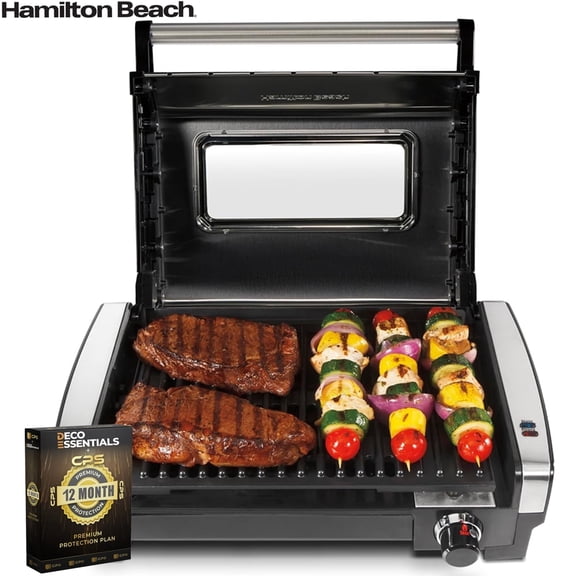 Hamilton Beach Electric Indoor Searing Grill with Viewing Window 25361MN Bundle with Deco Essentials 1 Year CPS Enhanced Protection Pack