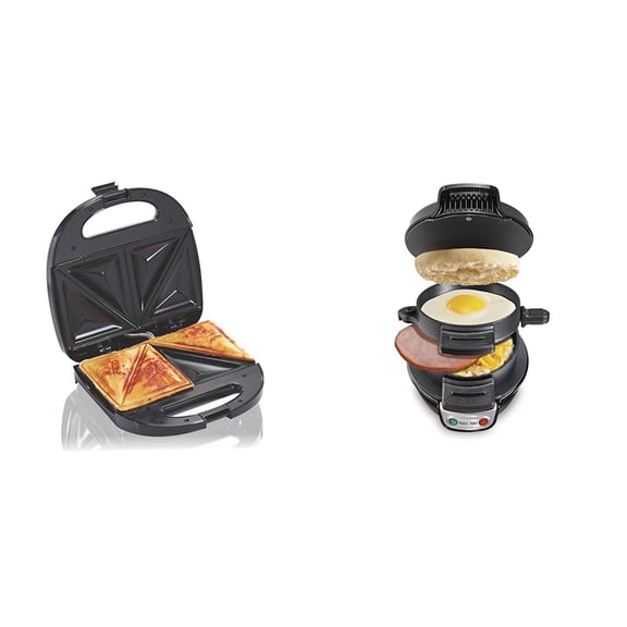 Hamilton Beach Electric Sealed Sandwich Maker Grill with Nonstick Plates & Breakfast Sandwich Maker with Egg Cooker Ring, Customize Ingredients