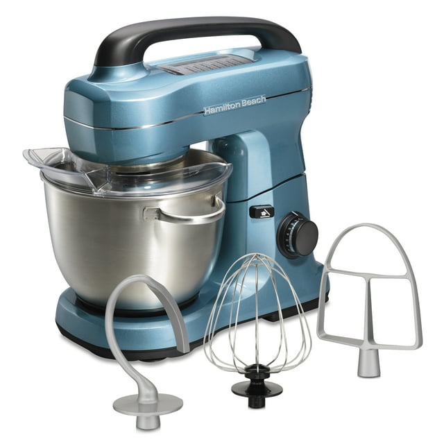 Hamilton Beach Electric Stand Mixer with 4 Quart Stainless Bowl, 7 Speeds, Whisk, Dough Hook, and Flat Beater Attachments, Splash Guard, 300 Watts, Blue, 63393