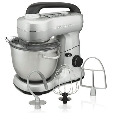 Hamilton Beach Electric Stand Mixer with 4 Quart Stainless Bowl, 7 Speeds, Whisk, Dough Hook, and Flat Beater Attachments, Splash Guard, 300 Watts, Silver, 63392