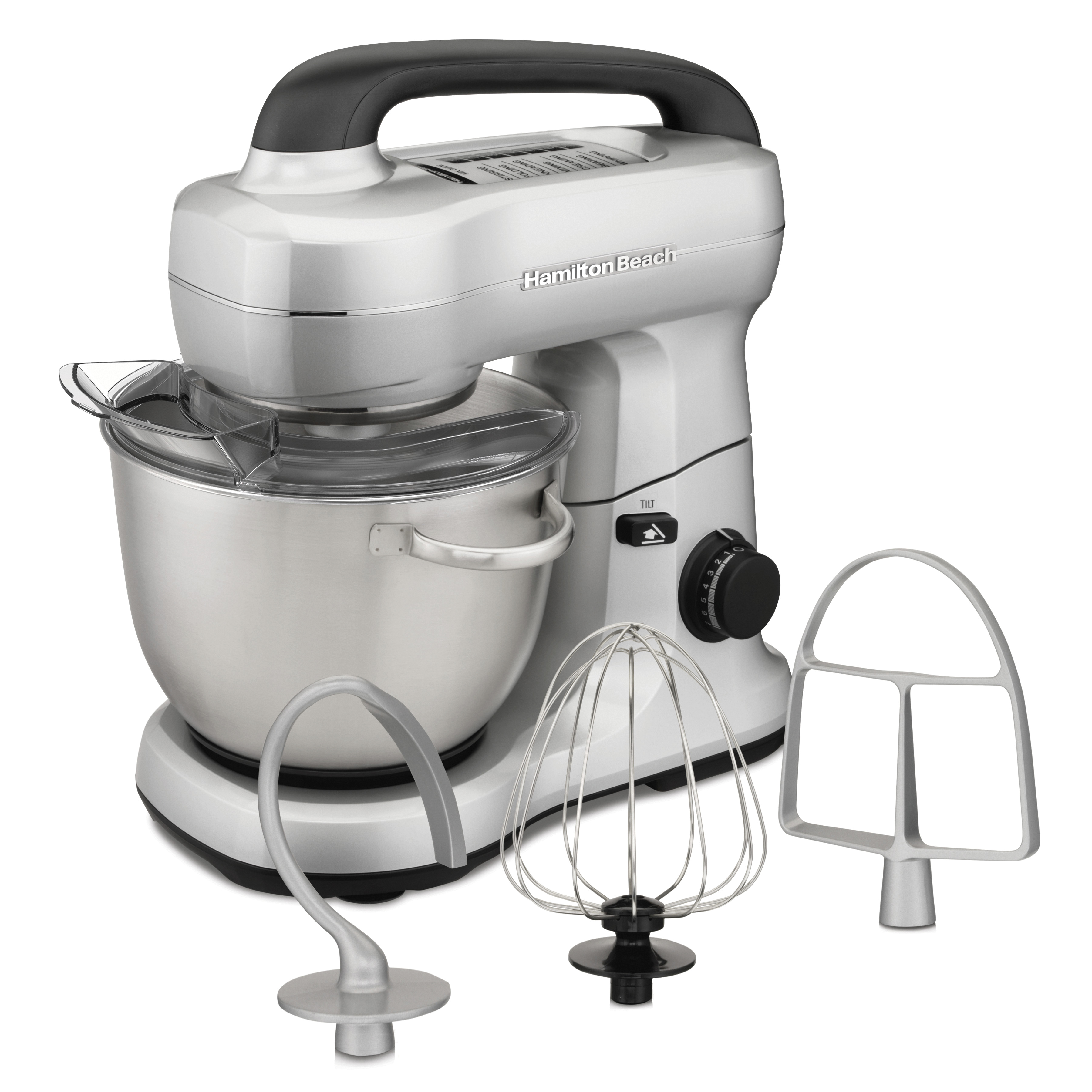 Hamilton Beach Electric Stand Mixer with 4 Quart Stainless Bowl, 7 Speeds, Whisk, Dough Hook, and Flat Beater Attachments, Splash Guard, 300 Watts, Silver, 63392 - image 1 of 9