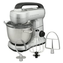 Hamilton Beach Electric Stand Mixer with 4 Quart Stainless Bowl, 7 Speeds, Whisk, Dough Hook, and Flat Beater Attachments, Splash Guard, 300 Watts, Silver, 63392