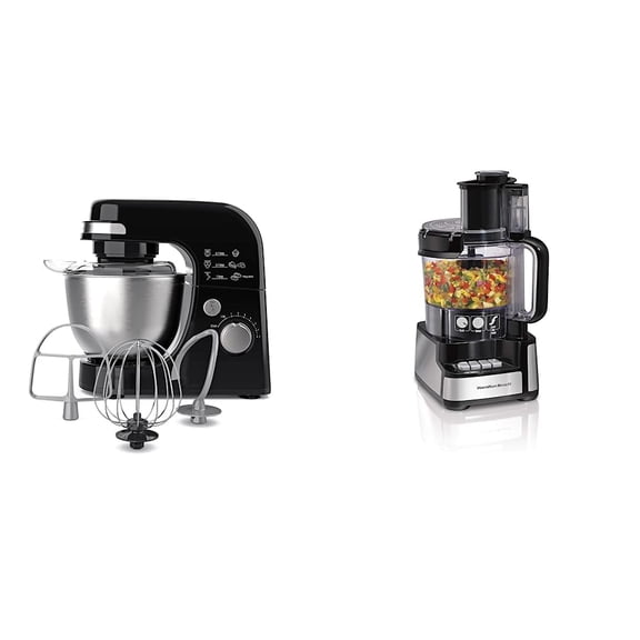 Hamilton Beach Electric Stand Mixer, 4 Quarts, Dough Hook, Black & Stack & Snap Food Processor and Vegetable Chopper, BPA Free, Stainless Steel Blades, 12 Cup Bowl, 2-Speed 450 Watt Motor, Black